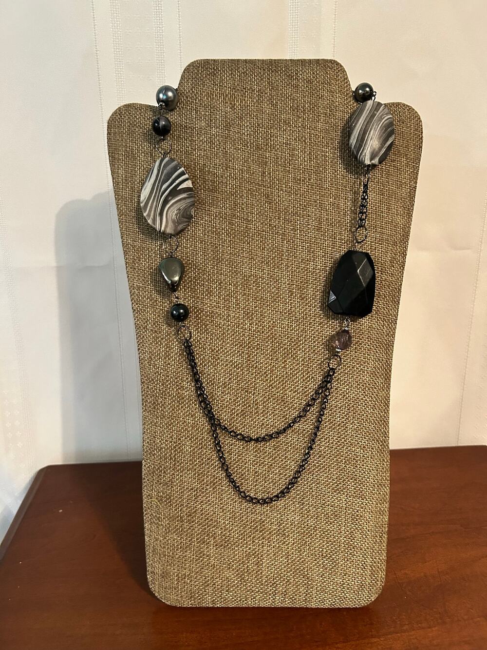 Handcrafted Long Necklace Silver Tone Wave Beads Black Accents 38 Inch Chain